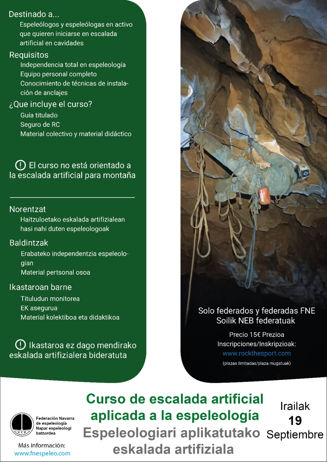 Inscripción abierta - Curso de escalada artificial aplicada a la espeleología